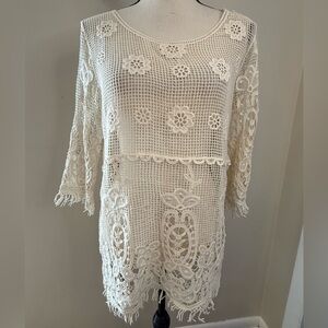 Phase One floral sheer cream floral lace mesh boho cotton top SZ M